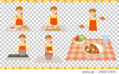 カレーライスを作る女性のイラストセット カレーライスを作る女性のイラストセット 140072935
