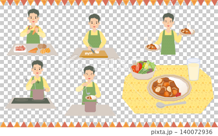 A set of illustrations of a man making curry rice. 140072936
