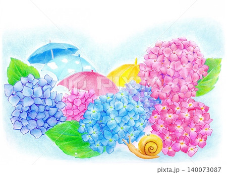 紫陽花と子供達のカラフルな雨傘 140073087