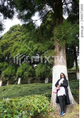 Young woman standing against a tall pine tree in a scenic tea garden landscape Young woman standing against a tall pine tree in a scenic tea garden landscape 140073800