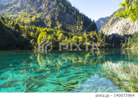 Amazing view of Peacock lake in autumn in Jiuzhaigou nature reserve (Jiuzhai Valley National Park),China.  140073964