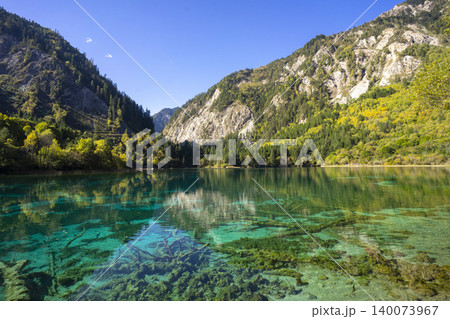 Amazing view of Peacock lake in autumn in Jiuzhaigou nature reserve (Jiuzhai Valley National Park),China. Amazing view of Peacock lake in autumn in Jiuzhaigou nature reserve (Jiuzhai Valley National Park),China. 140073967