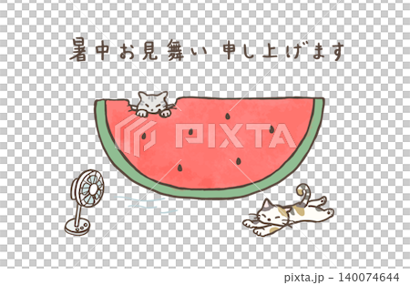 一幅貓咪吃西瓜的插圖，以及另一幅貓咪在風扇吹拂下納涼的插圖。充滿夏日氣息的插圖，非常適合作為夏日問候。 140074644