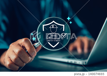 Professional work safety compliance first shield workplace health icons appear through magnifying glass, ensuring industrial protection and occupational risk management standards Professional work safety compliance first shield workplace health icons appear through magnifying glass, ensuring industrial protection and occupational risk management standards 140074693