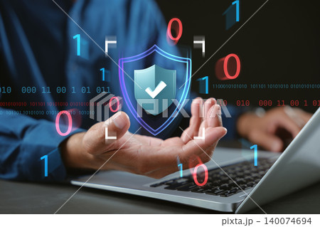 Secure online access, network protection on laptop using password, privacy and information safety is ensured by digital shield icon amid floating holographic blue binary code data system Secure online access, network protection on laptop using password, privacy and information safety is ensured by digital shield icon amid floating holographic blue binary code data system 140074694