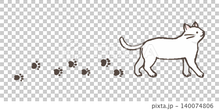 Illustration of a cat walking and leaving footprints; illustration of a white cat walking. Illustration of a cat walking and leaving footprints; illustration of a white cat walking. 140074806
