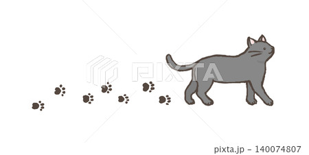 足跡を残して歩いている猫のイラスト　グレーの猫が歩くイラスト 140074807