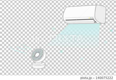 シンプルな冷房、エアコンのイラスト クーラーの家電イラスト サーキュレーターで室内の空気を循環 シンプルな冷房、エアコンのイラスト クーラーの家電イラスト サーキュレーターで室内の空気を循環 140075222