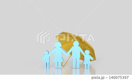 Family Protection Under Yellow Umbrella 3d render. Family Protection Under Yellow Umbrella 3d render. 140075397