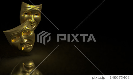 Golden Theater Masks in Dramatic Darkness 3d render. Golden Theater Masks in Dramatic Darkness 3d render. 140075402
