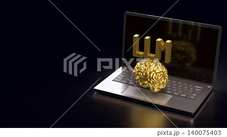 Golden Brain and LLM Laptop Concept 3d render. 140075403