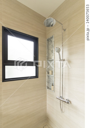 beautiful walk-through stone tile shower with dual shower heads beautiful walk-through stone tile shower with dual shower heads 140075653