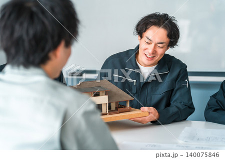 住宅模型を使って商談・説明・プレゼンする作業服姿の建設業・建築業の男女のビジネスマン 住宅模型を使って商談・説明・プレゼンする作業服姿の建設業・建築業の男女のビジネスマン 140075846