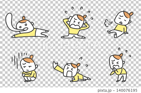 ゆるくてかわいい女性のネガティブ感情セット　落ち込む・悩む・困る・疲れる　手描き 140076195