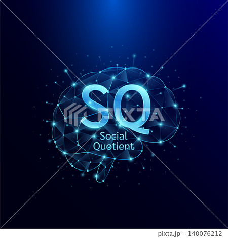 SQ Social Quotient symbol in brain human. Style polygon glowing blue on a dark background. Intelligence balance of child. Leadership development growth concept. Vector. 140076212