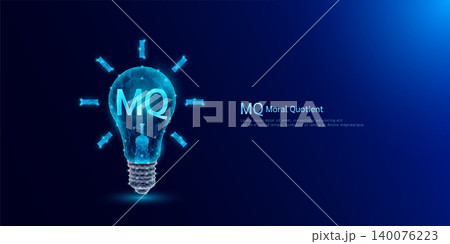 Moral Quotient MQ symbol in light bulb style polygon glowing blue on a dark background. Emotional intelligence balance of child brain. Leadership development growth concept. Vector. 140076223
