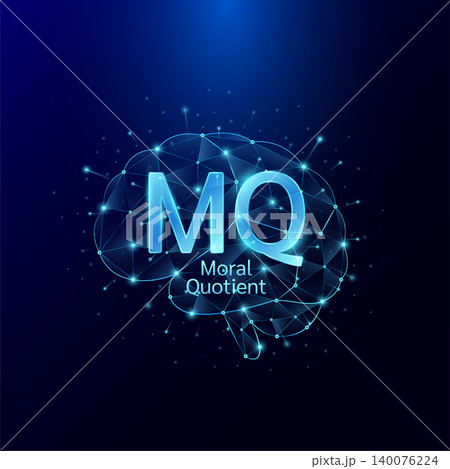 Moral Quotient MQ symbol in brain human. Style polygon glowing blue on a dark background. Intelligence balance of child. Leadership development growth concept. Vector. 140076224