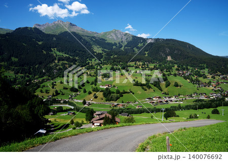 スイスのグリンデルワルトの緑の山岳と山荘 140076692