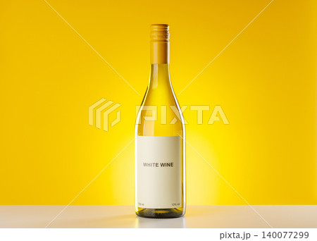 White wine bottle on yellow background elegant drink setup White wine bottle on yellow background elegant drink setup 140077299