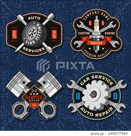 Vintage Auto Repair Badge Collection with Tire Service, Engine Pistons, Spark Plugs and Gear Emblems. Retro automotive vector patches for mechanic workshop branding, stickers and apparel. Vintage Auto Repair Badge Collection with Tire Service, Engine Pistons, Spark Plugs and Gear Emblems. Retro automotive vector patches for mechanic workshop branding, stickers and apparel. 140077404