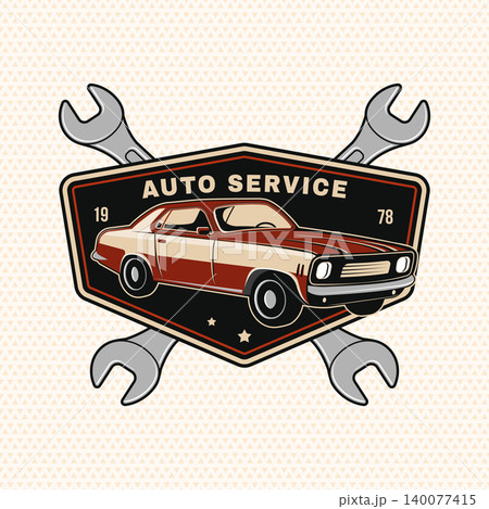 Vintage Auto Service Badge with Classic Muscle Car and Crossed Wrenches. Retro automotive garage vector emblem for mechanic workshop branding, stickers and apparel. 140077415