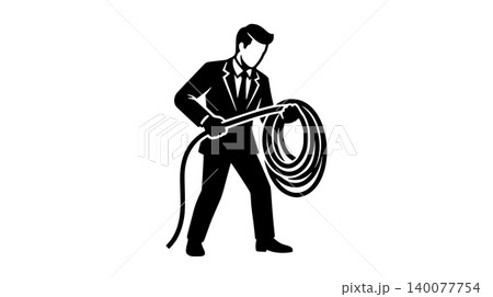 Man holding a large coiled industrial cable or rope line icon 140077754