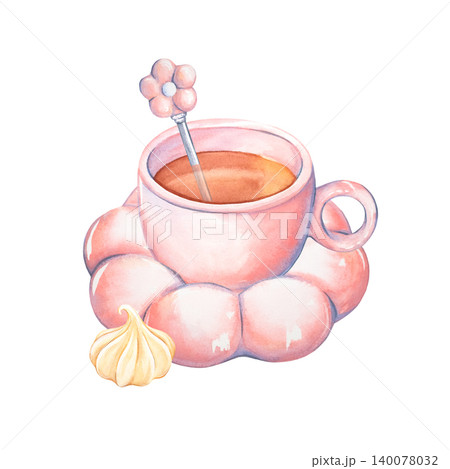 Watercolor illustration a cup of tea and sweets. Breakfast with tea and meringues. The cup, saucer, and spoon adorned with a flower are hand-drawn. Isolated tea set. Suitable for design, menu, print. Watercolor illustration a cup of tea and sweets. Breakfast with tea and meringues. The cup, saucer, and spoon adorned with a flower are hand-drawn. Isolated tea set. Suitable for design, menu, print. 140078032
