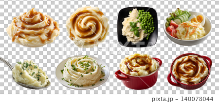 Set of mashed potato creamy fluffy mash potatoes, with gravy pea vegetable toppings salad, bowl spoon, on transparent cutout PNG. Many different style. Mockup 140078044