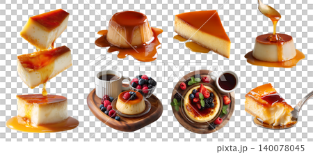 Set of caramel, flan, caramel condensed milk pudding, custard creamy baked dessert, stack broken slice pile, wooden serving board, transparent cutout PNG. Mockup Set of caramel, flan, caramel condensed milk pudding, custard creamy baked dessert, stack broken slice pile, wooden serving board, transparent cutout PNG. Mockup 140078045