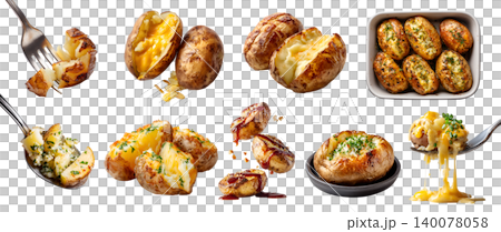 Set of jacket baked potato potatoes, fork spoon, oven pan plate, skinned with cheese garnish butter cream topping, sliced halved broken, transparent cutout PNG. Many different style Set of jacket baked potato potatoes, fork spoon, oven pan plate, skinned with cheese garnish butter cream topping, sliced halved broken, transparent cutout PNG. Many different style 140078058