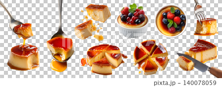 Set of custard caramel condensed milk pudding flan cake, creamy baked dessert, knife fork spoon, with fruit berries berry, stack broken slice pile, transparent cutout PNG. Many Mockup Set of custard caramel condensed milk pudding flan cake, creamy baked dessert, knife fork spoon, with fruit berries berry, stack broken slice pile, transparent cutout PNG. Many Mockup 140078059