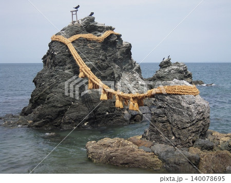 九月、伊勢二見浦の夫婦岩と鳥 140078695