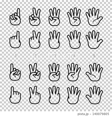 Vector icon set of hand signs (finger spelling) representing the numbers 1 through 5 (line art) Vector icon set of hand signs (finger spelling) representing the numbers 1 through 5 (line art) 140079805