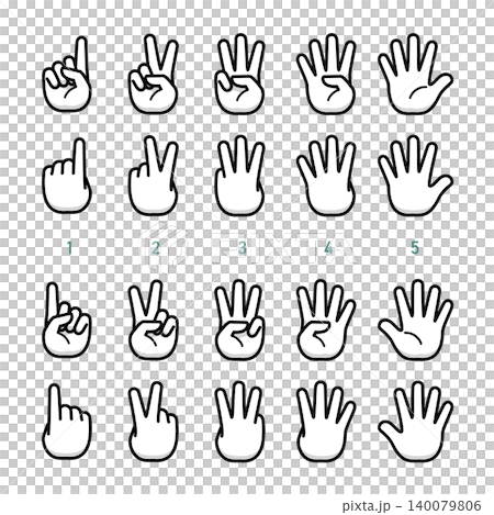 A set of vector icons representing the numbers 1 through 5 using hand signs (finger spelling), with fills. A set of vector icons representing the numbers 1 through 5 using hand signs (finger spelling), with fills. 140079806