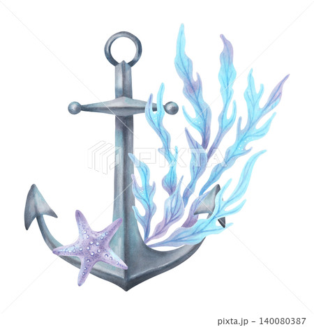 Composition with an anchor, starfish, seaweed. Watercolor illustrations. Hand drawn isolated art the equipment and animals. Object is suitable for seascapes, navigation, and summer, childrens design. Composition with an anchor, starfish, seaweed. Watercolor illustrations. Hand drawn isolated art the equipment and animals. Object is suitable for seascapes, navigation, and summer, childrens design. 140080387