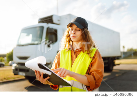 Young woman professional driver checking shipment list on a -parking lot. Transportation concept. Young woman professional driver checking shipment list on a -parking lot. Transportation concept. 140080396
