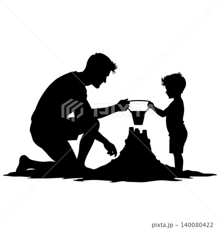 Father and child building sandcastle at beach, sharing creative playtime 140080422