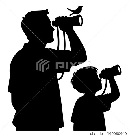 Father and son birdwatching together, silhouetted against a bright background 140080440