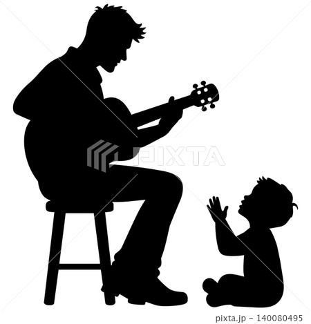 Father playing guitar for baby silhouette isolated on white background Father playing guitar for baby silhouette isolated on white background 140080495