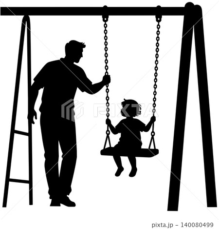 Father pushing young son on playground swing silhouette on white background for lifestyle Father pushing young son on playground swing silhouette on white background for lifestyle 140080499