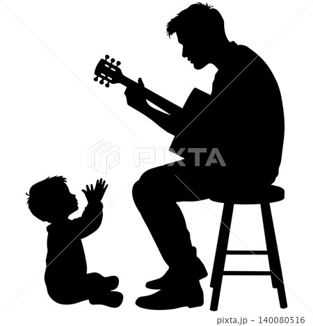 Man playing acoustic guitar for happy clapping baby silhouette illustration on white base 140080516