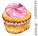 水彩イラスト　カップケーキ　ピンク 140080545