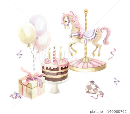 Birthday card with a cake with candles, a carousel horse, balloons and a gift. Hand drawn watercolor illustration, isolated. Pastel clip art for party banners, posters and invitations. Birthday card with a cake with candles, a carousel horse, balloons and a gift. Hand drawn watercolor illustration, isolated. Pastel clip art for party banners, posters and invitations. 140080762