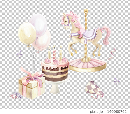 Birthday card with a cake with candles, a carousel horse, balloons and a gift. Hand drawn watercolor illustration, isolated. Pastel clip art for party banners, posters and invitations. Birthday card with a cake with candles, a carousel horse, balloons and a gift. Hand drawn watercolor illustration, isolated. Pastel clip art for party banners, posters and invitations. 140080762