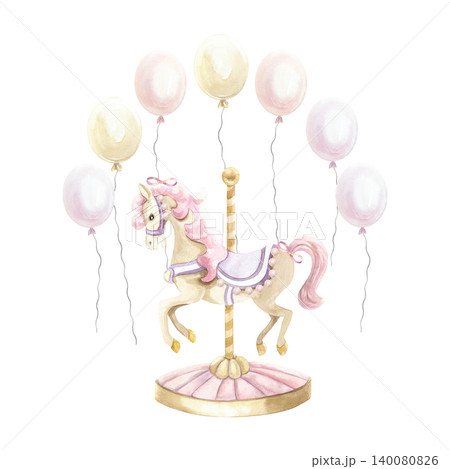 Carousel horse with balloons around. Hand drawn watercolor illustration, isolated. Pastel pink clip art for birthday cards, invitations, banners and posters. Carousel horse with balloons around. Hand drawn watercolor illustration, isolated. Pastel pink clip art for birthday cards, invitations, banners and posters. 140080826