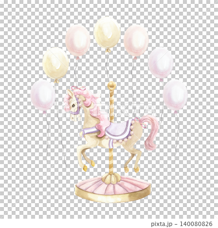 Carousel horse with balloons around. Hand drawn watercolor illustration, isolated. Pastel pink clip art for birthday cards, invitations, banners and posters. Carousel horse with balloons around. Hand drawn watercolor illustration, isolated. Pastel pink clip art for birthday cards, invitations, banners and posters. 140080826