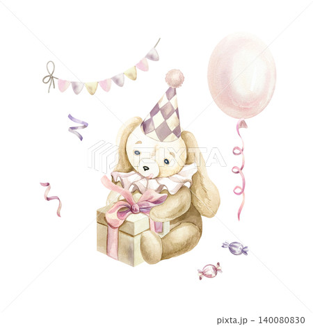 Cute bunny in a party hat sitting with a gift, a balloon and a garland of flags. Hand drawn watercolor illustration, isolated. Pastel clip art for birthday cards, nursery wallpaper and posters. Cute bunny in a party hat sitting with a gift, a balloon and a garland of flags. Hand drawn watercolor illustration, isolated. Pastel clip art for birthday cards, nursery wallpaper and posters. 140080830