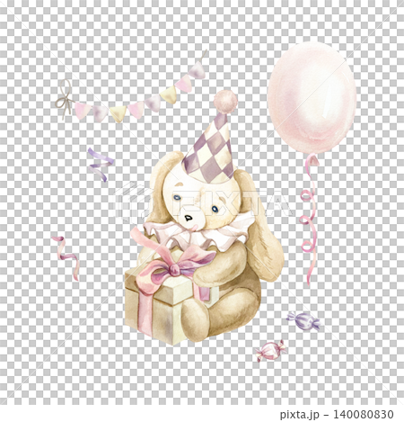 Cute bunny in a party hat sitting with a gift, a balloon and a garland of flags. Hand drawn watercolor illustration, isolated. Pastel clip art for birthday cards, nursery wallpaper and posters. Cute bunny in a party hat sitting with a gift, a balloon and a garland of flags. Hand drawn watercolor illustration, isolated. Pastel clip art for birthday cards, nursery wallpaper and posters. 140080830