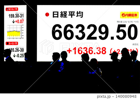 日本の東京都市景観6万6000円台・6万6329円50銭株価/終値で史上最高値を更新＝29日 140080948