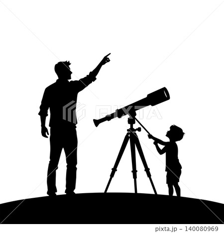 Silhouette of a father and son with a telescope, pointing at the night sky Silhouette of a father and son with a telescope, pointing at the night sky 140080969